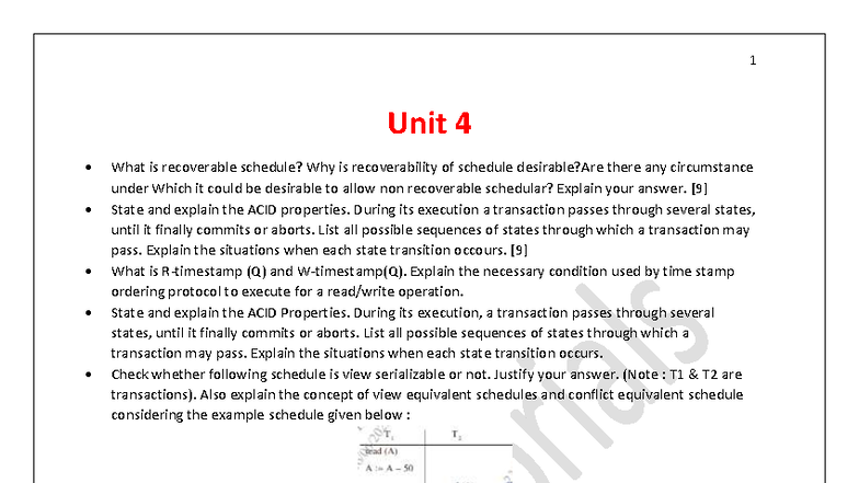 DBMS Unit 4: Recoverable Schedules & ACID Properties Explained - Studocu