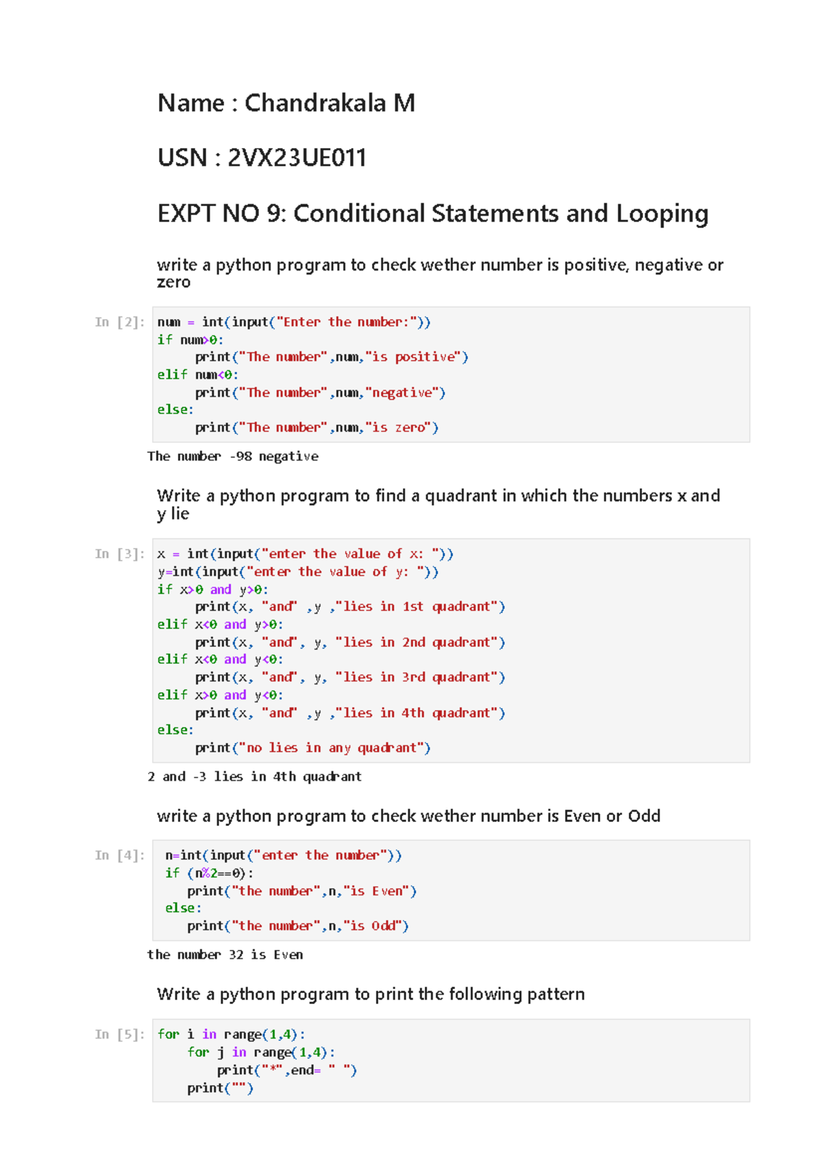 Expt 9: Python Programs for Conditional Statements & Looping - Studocu