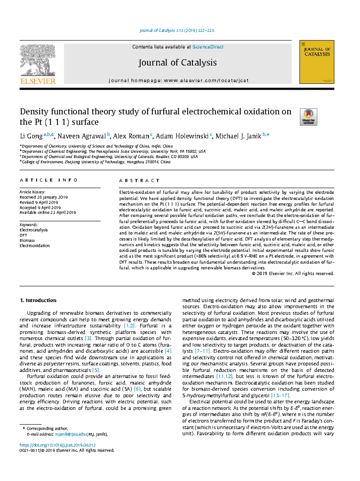 DFT Analysis of Furfural Electrochemical Oxidation on Pt (1 1 1 ...