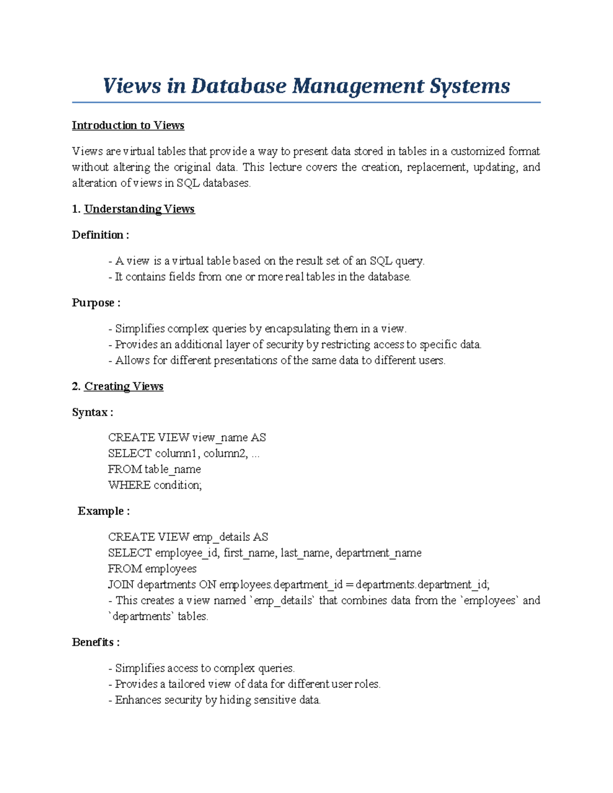 Lecture on Views in Database Management Systems (DBMS) 234443423 - Studocu