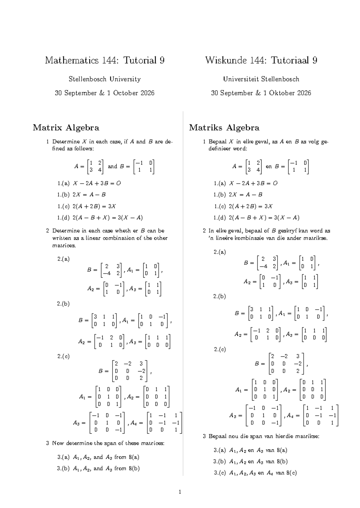 Mathematics 144: Matrix Algebra Tutorial 9 Notes - Studocu