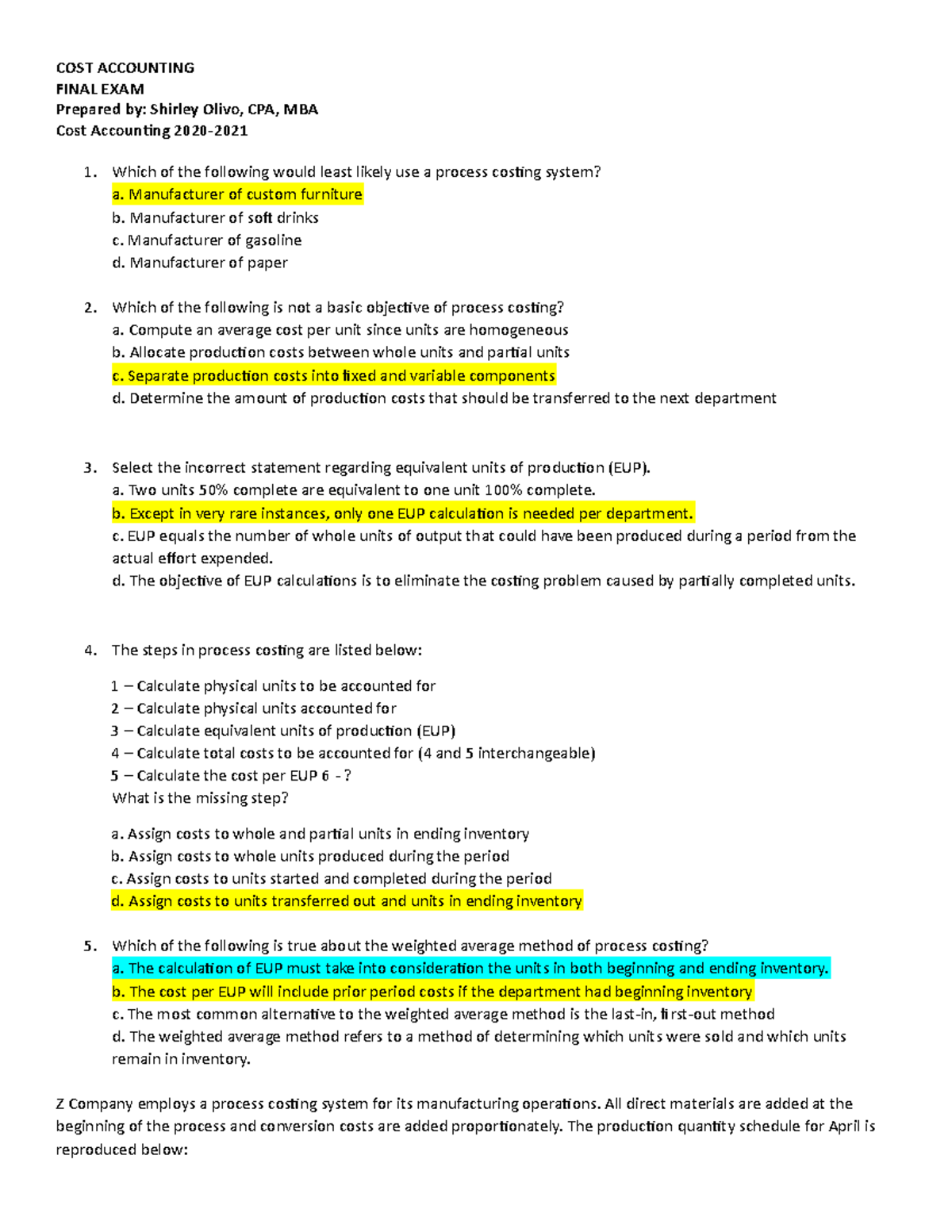 Exam 16 June Autumn 2020, questions - COST ACCOUNTING FINAL EXAM ...
