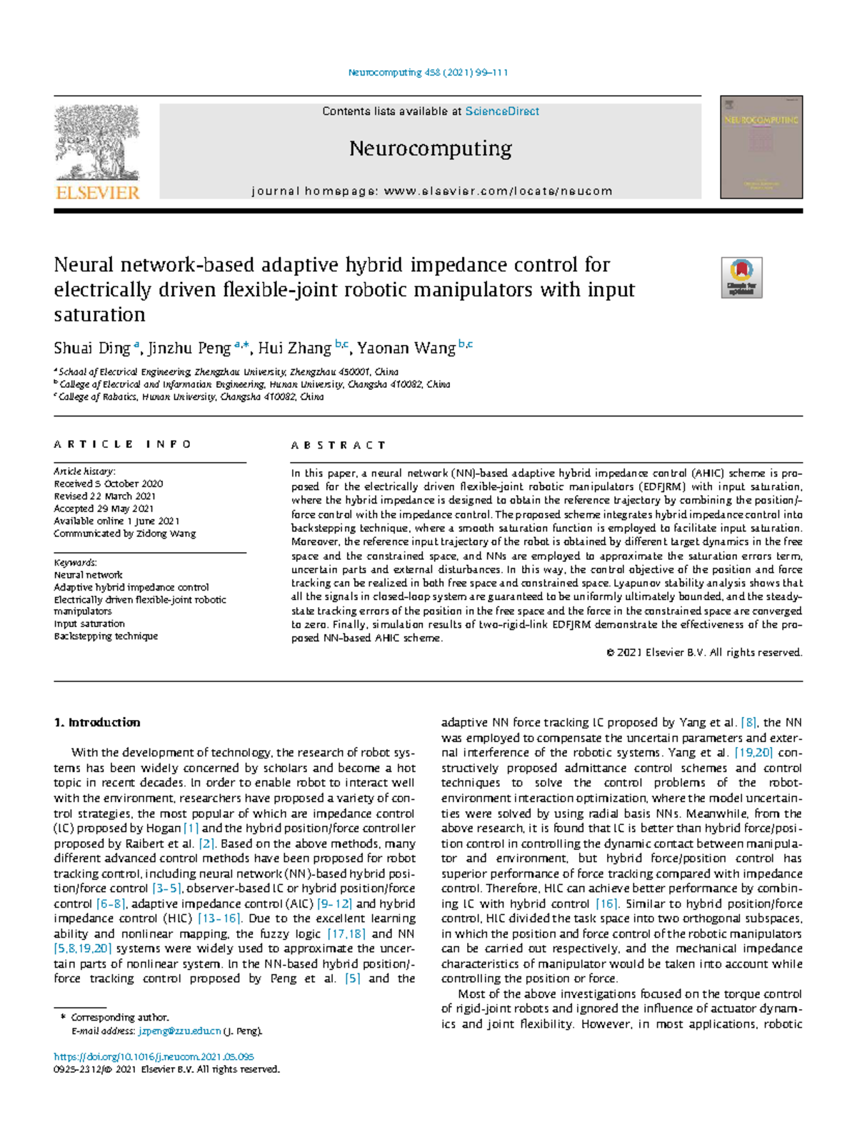 Neurocomputing 458: Neural Adaptive Hybrid Impedance Control for EDFJRM ...