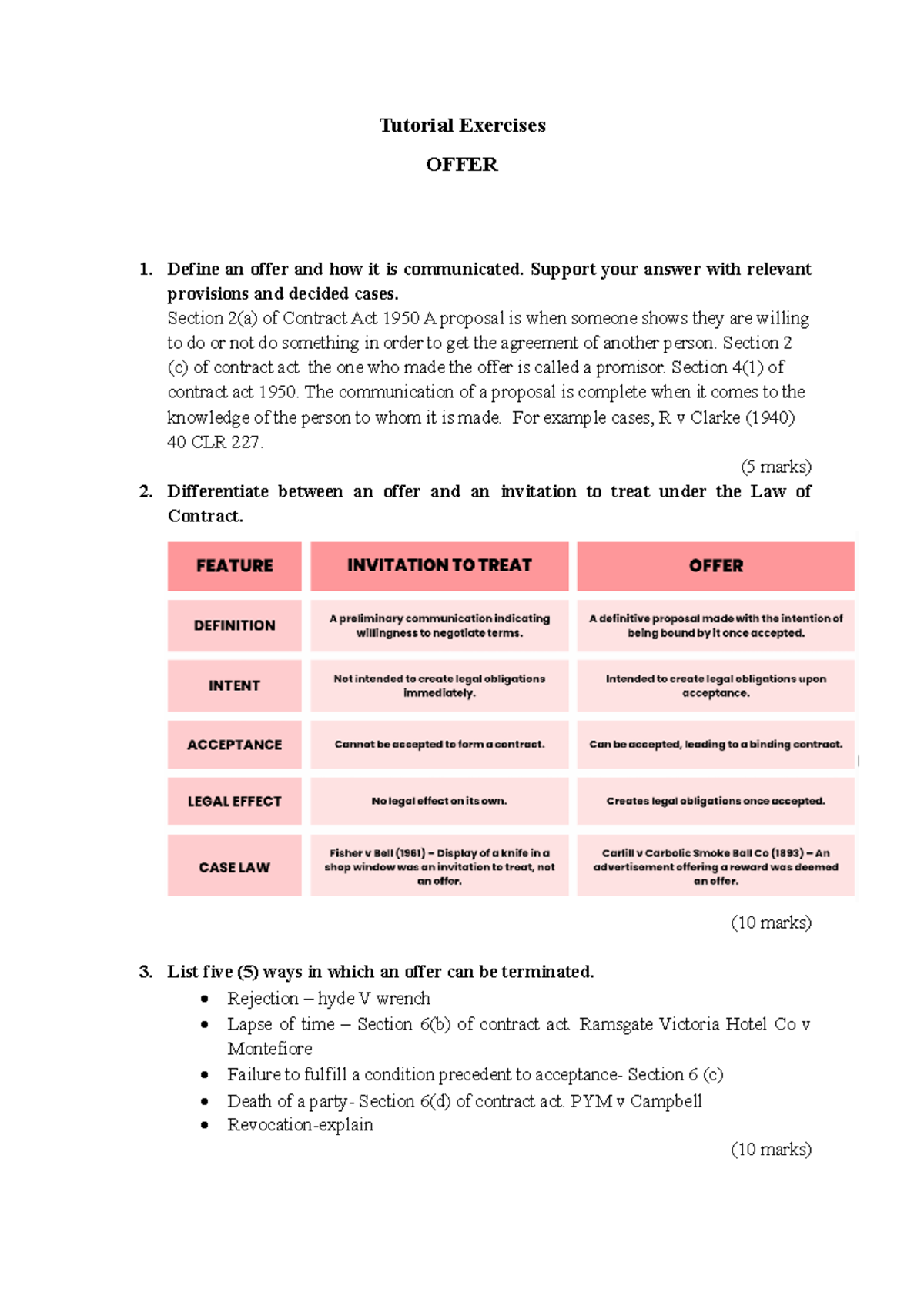 Tutorial Exercises on Offers - ANS (Law of Contract) - Studocu