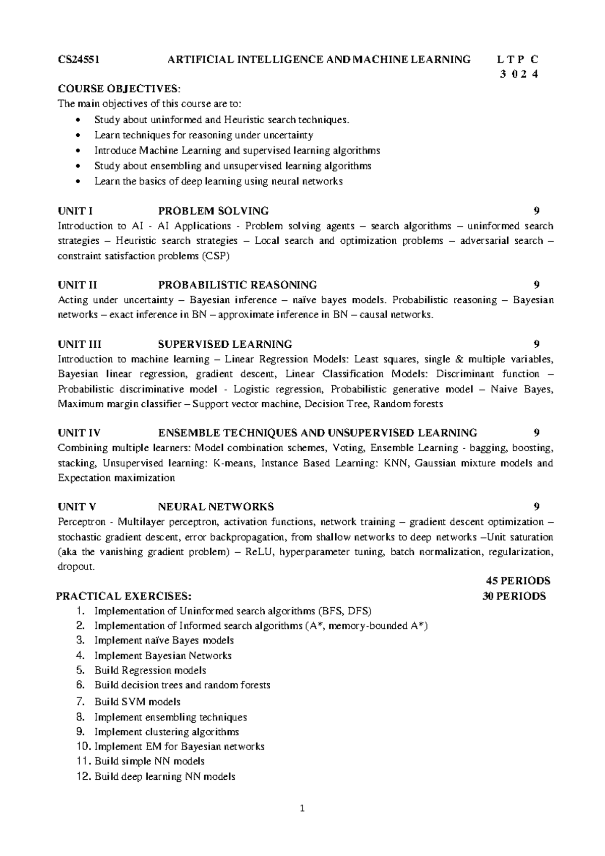 CS24551 - AI and ML Course Syllabus Overview - Studocu