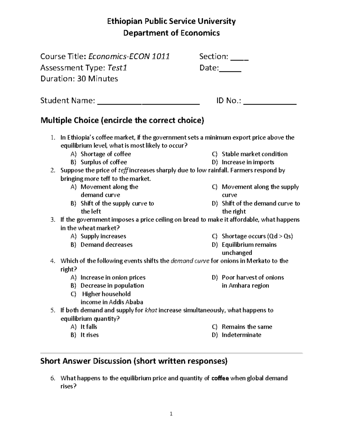 Test1 - Chapter 2 Final - Economics MCQ & Short Answer Exam - Studocu