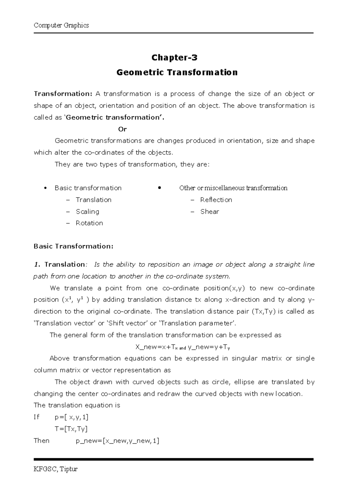 Computer Graphics (CG-3) Geometric Transformations Overview and ...