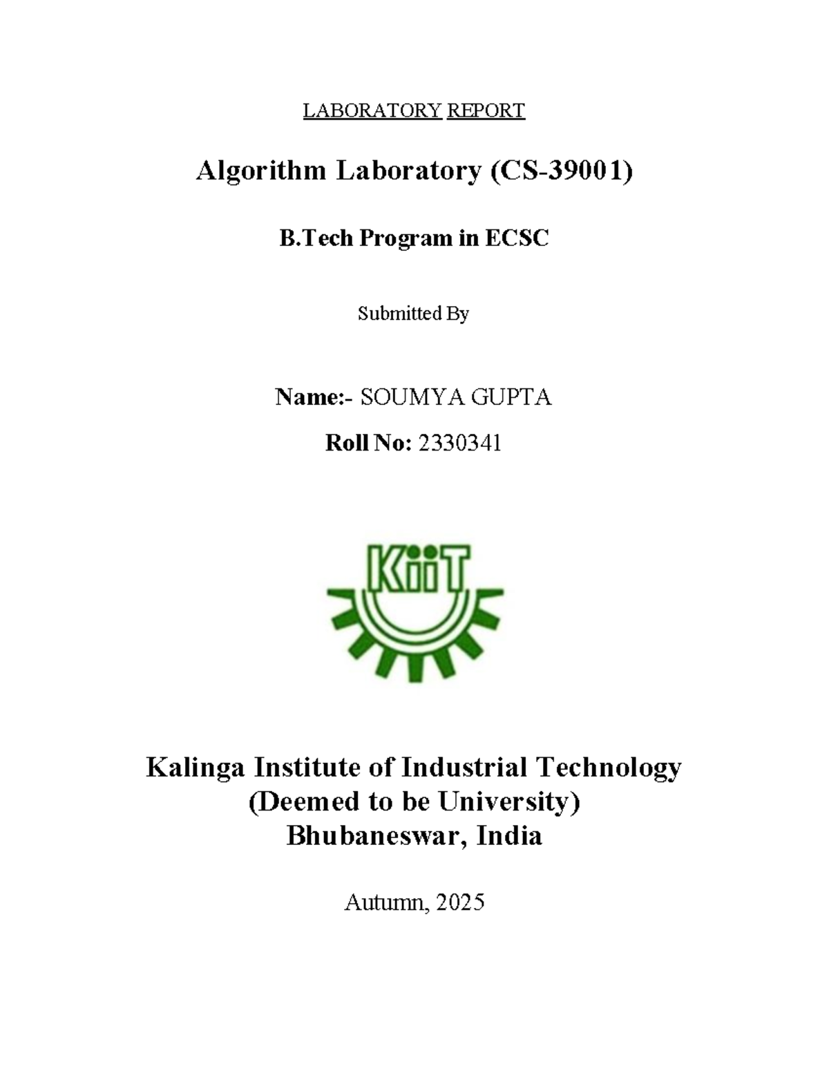 2330341 AL LAB REPORT - Algorithm Experiments for B.Tech ECSC - Studocu
