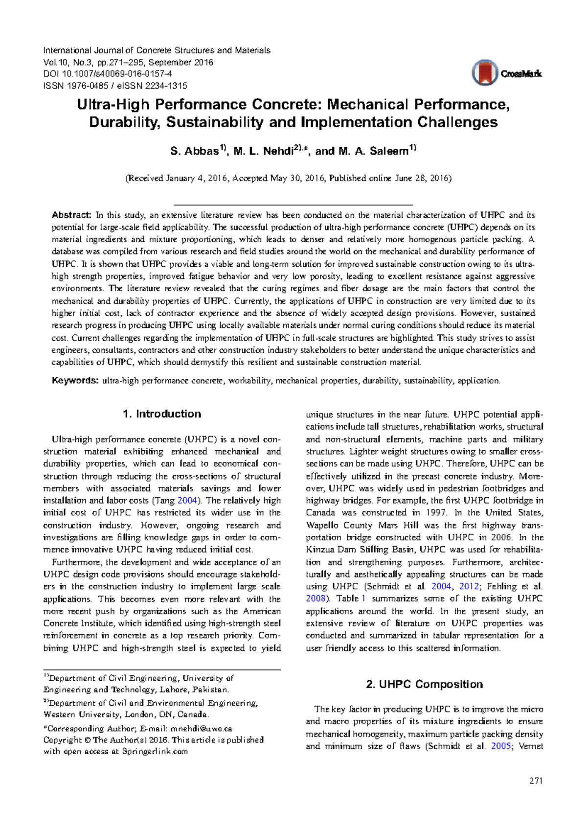 Ultra High Performance Concrete: Mechanical, Durability, and ...