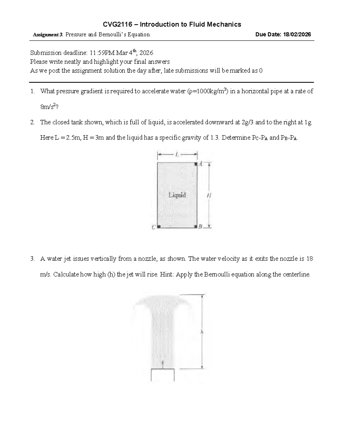 CVG2116 Fluid Mechanics Assignment 3: Pressure & Jet Height ...