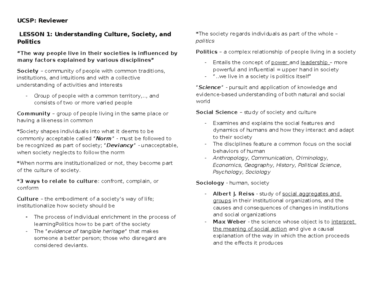 Defining Culture and Society - LESSON 1: Understanding Culture, Society ...