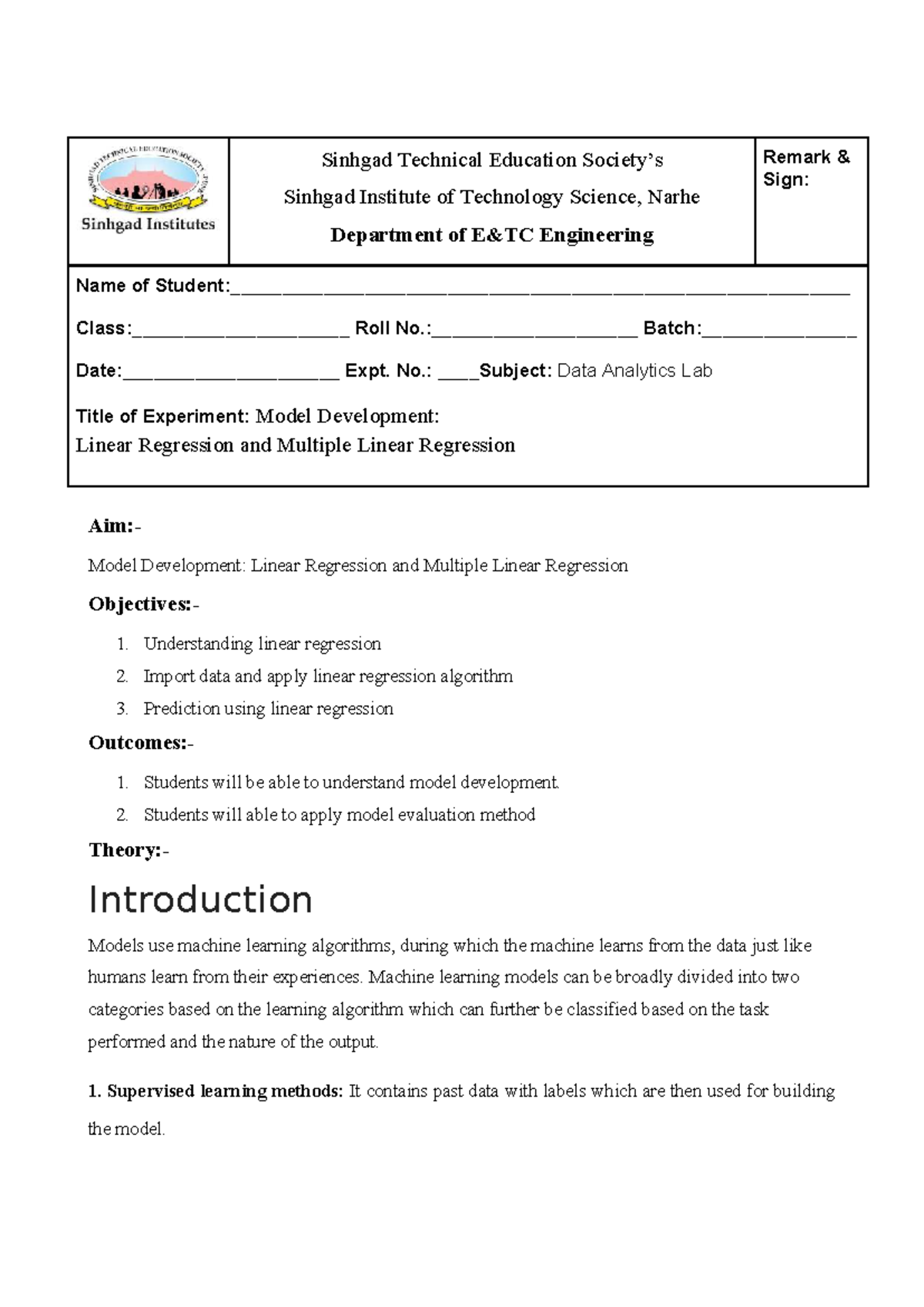 DAL Lab 5: Model Development in Linear Regression and MLR - Studocu