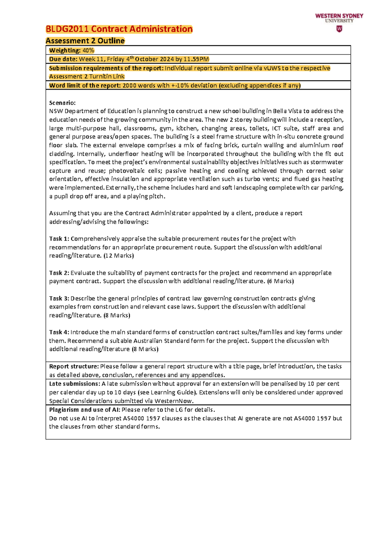 BLDG2011 Contract Administration Assessment 2 Report Guidelines - Studocu
