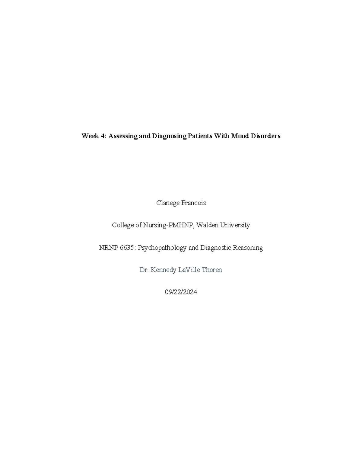 NRNP 6635: Week 4 Assignment on Assessing Mood Disorders - Studocu