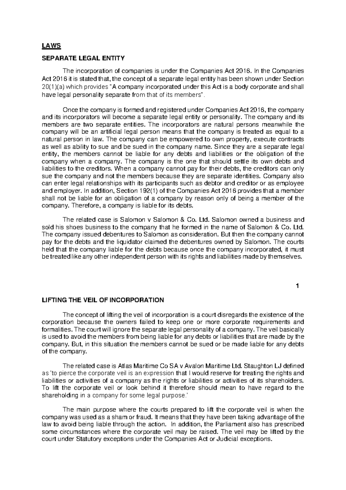 LAW243 - Separate Legal Entity & Veil Lifting Concepts - Studocu