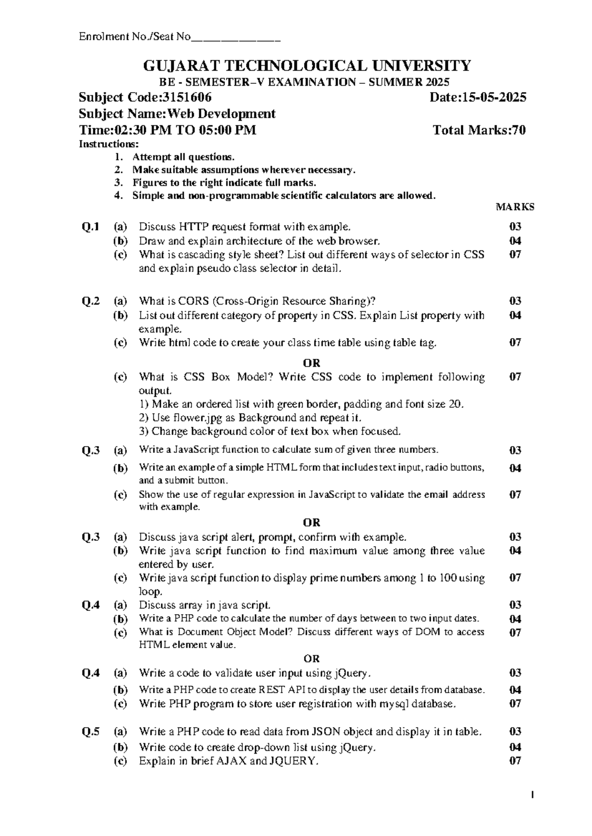 Web Development BE Exam Summer 2025 - Subject Code: 3151606 - Studocu