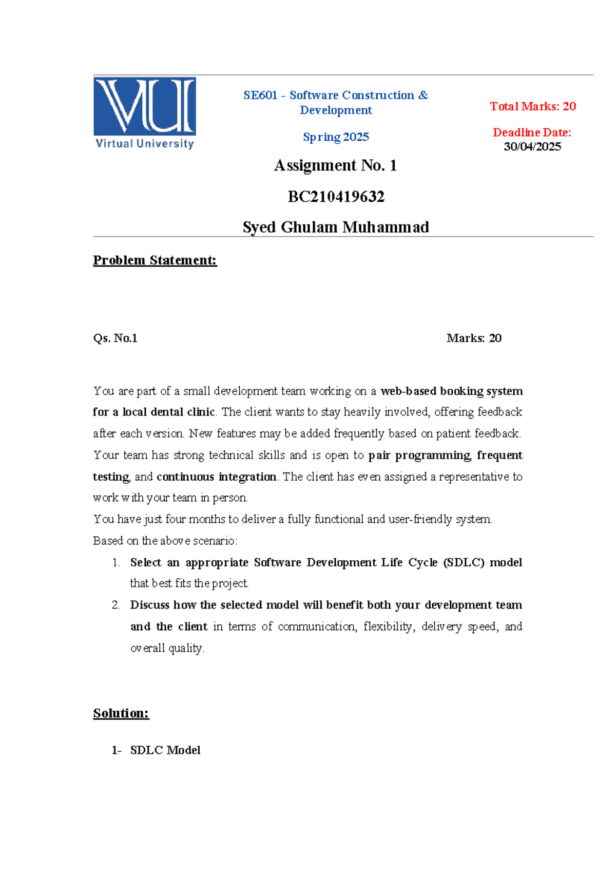 SE601 Software Development Life Cycle Model Analysis - Assignment 1 ...