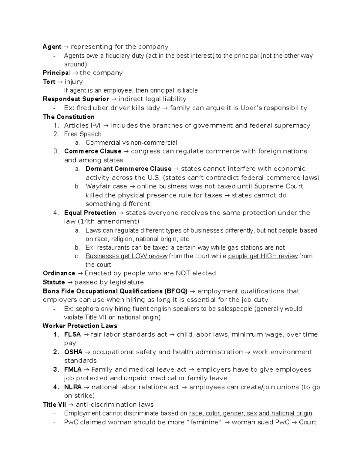 L201 Exam 1 Study Guide: Legal Principles and Worker Protections - Studocu