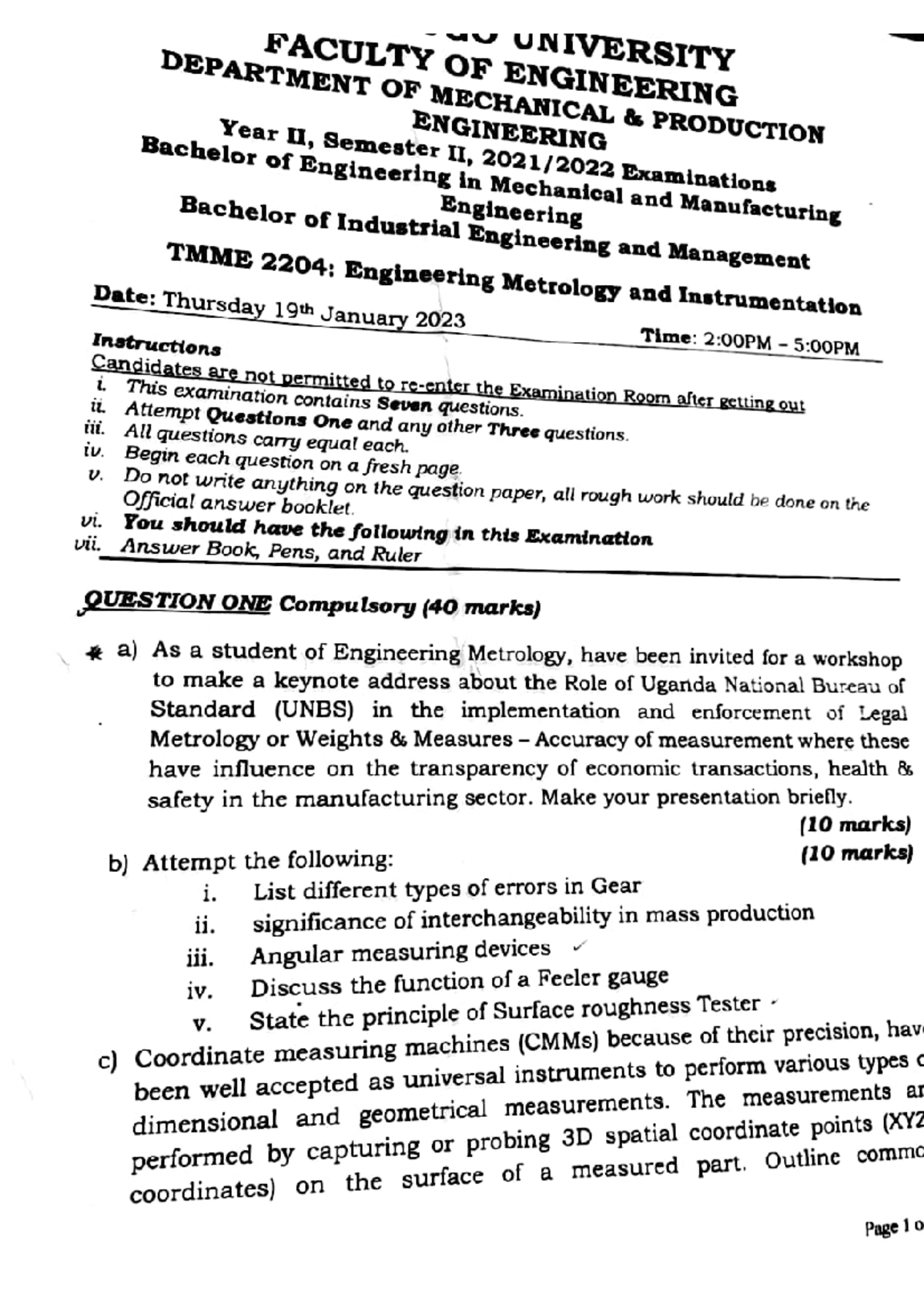 TMME 2203: Engineering Metrology & Instrumentation Final Exam Paper ...
