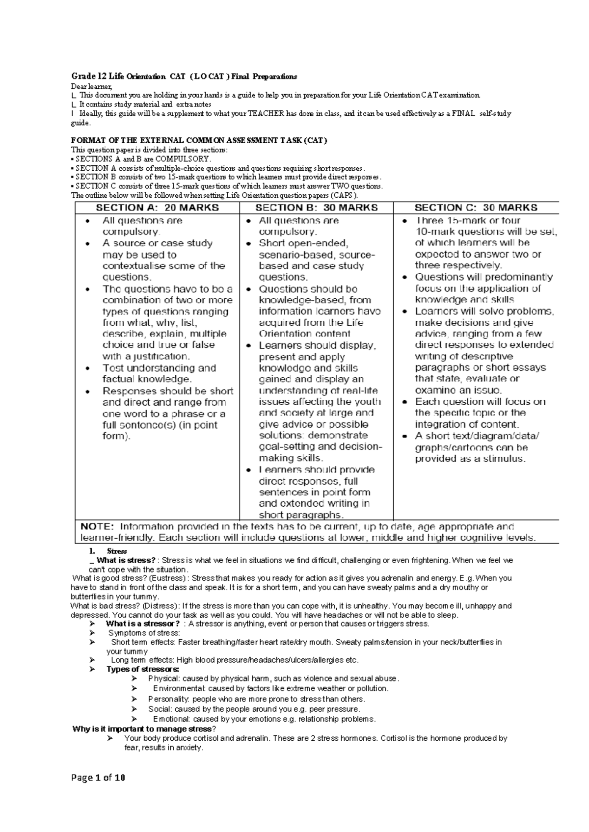 Grade 12 Life Orientation LO CAT Final Exam Study Guide - Studocu
