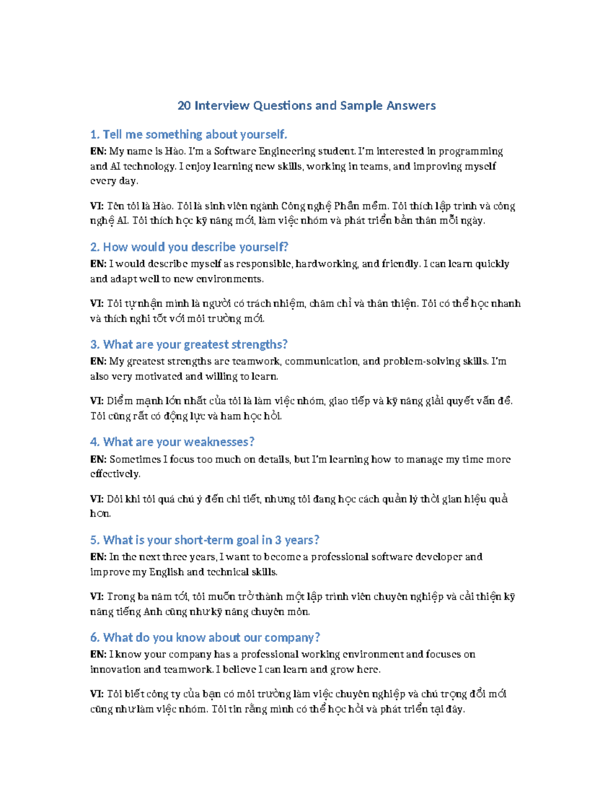 20 Interview Questions & Sample Answers for Software Engineering - Studocu