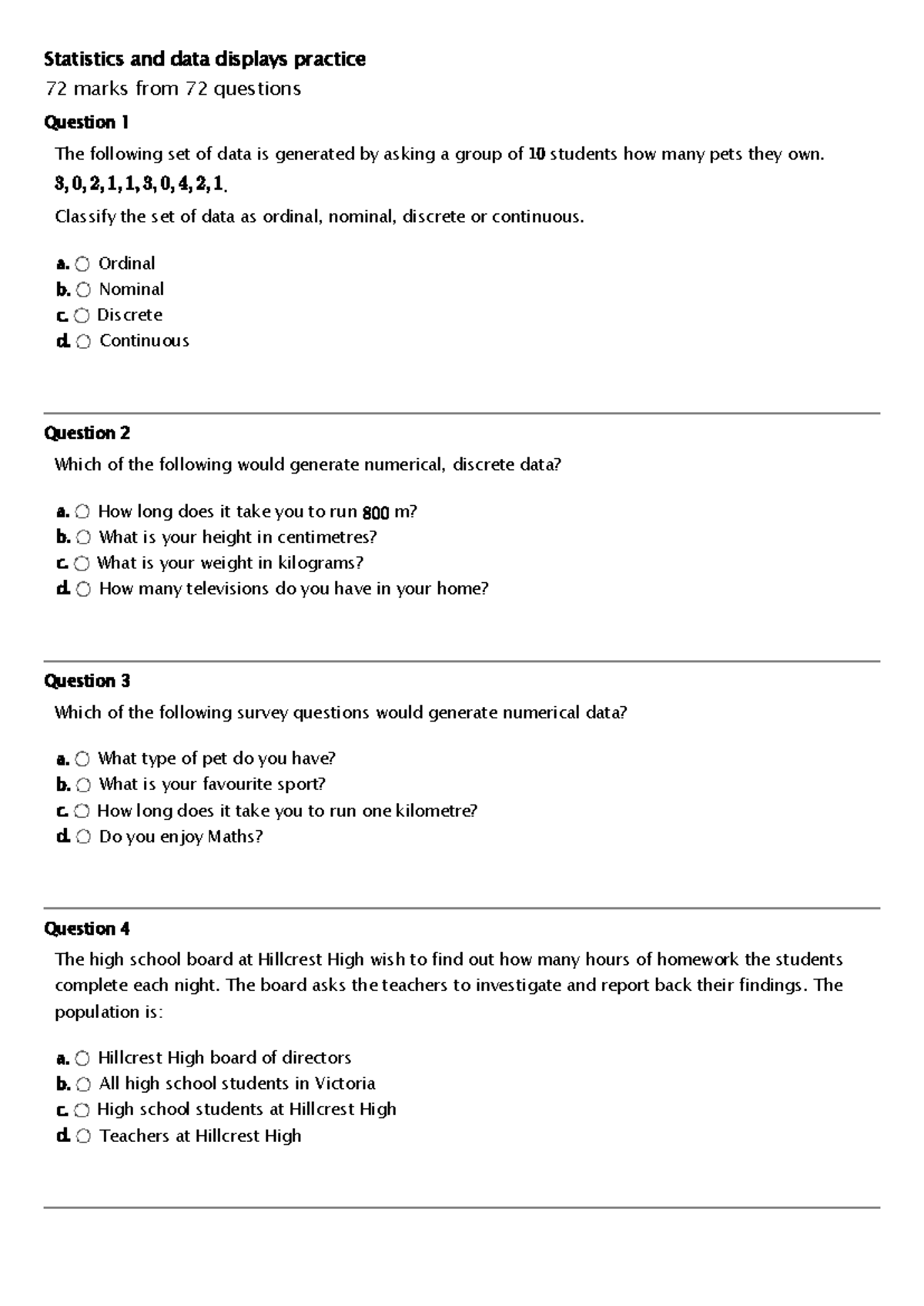 Statistics and Data Displays Practice Questions for 72 Marks - Studocu