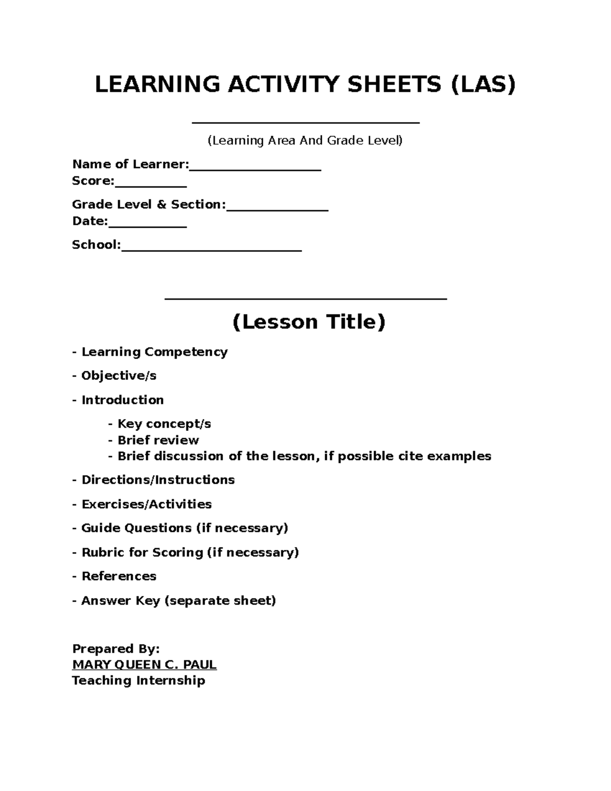 Learning Activity Sheets (learning task 8 template) - LEARNING ACTIVITY ...
