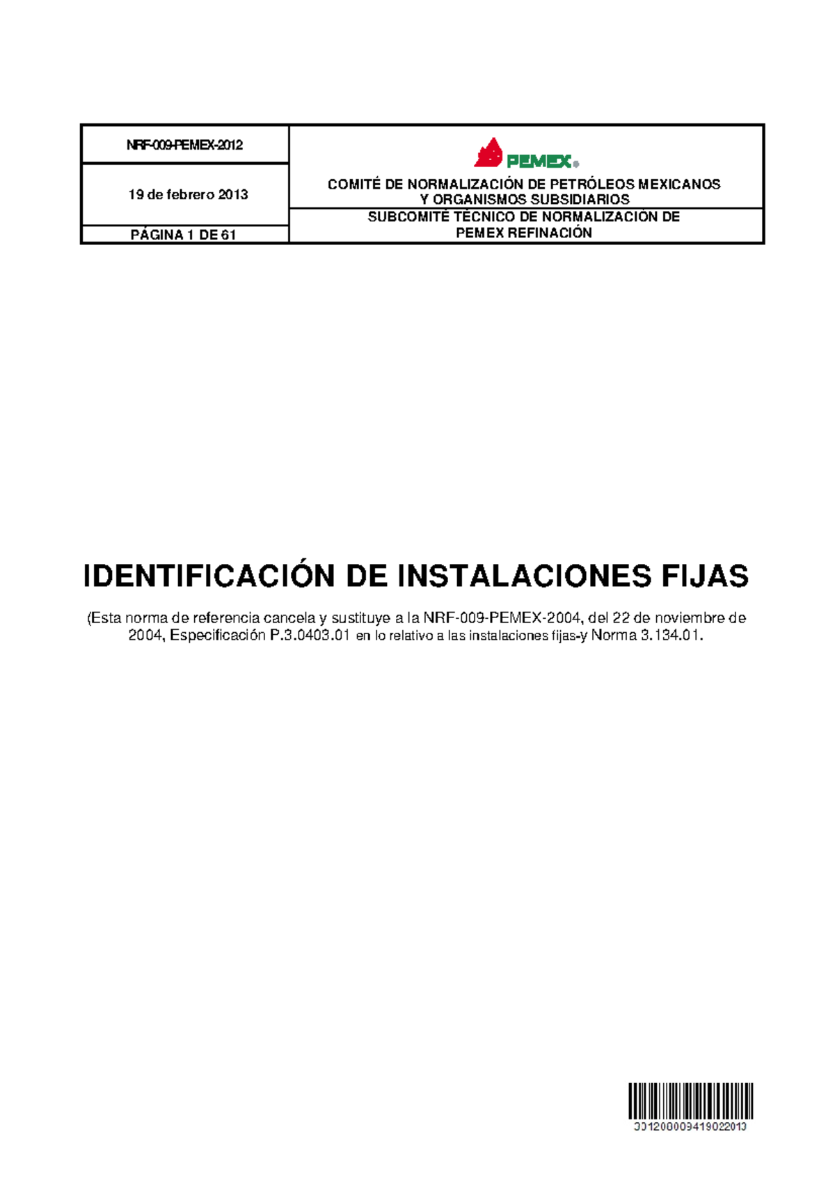 NRF-009-PEMEX-2012: Identificación de Instalaciones Fijas - Document Preview