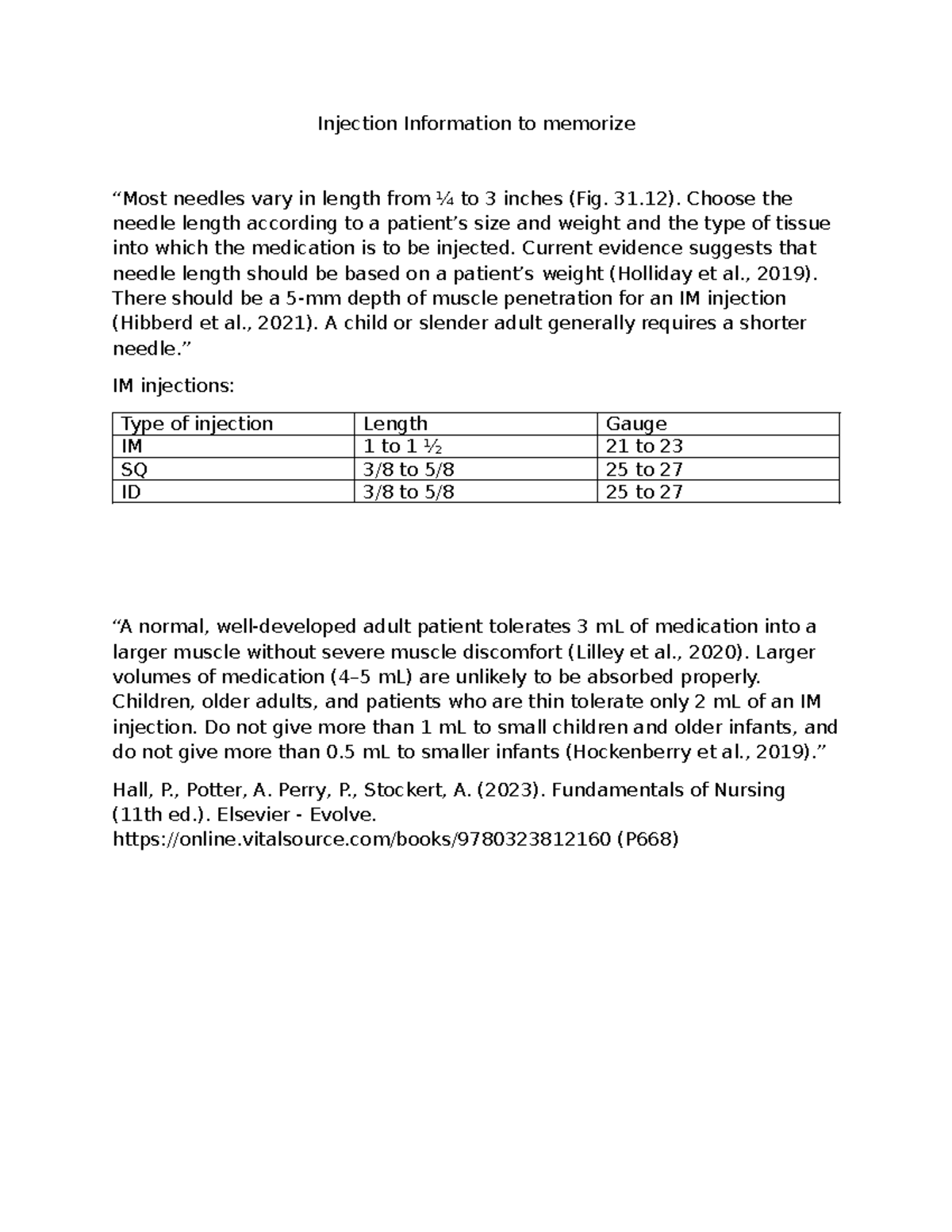 NUR 101: Injection Info for IM, SQ, & ID Techniques - Studocu