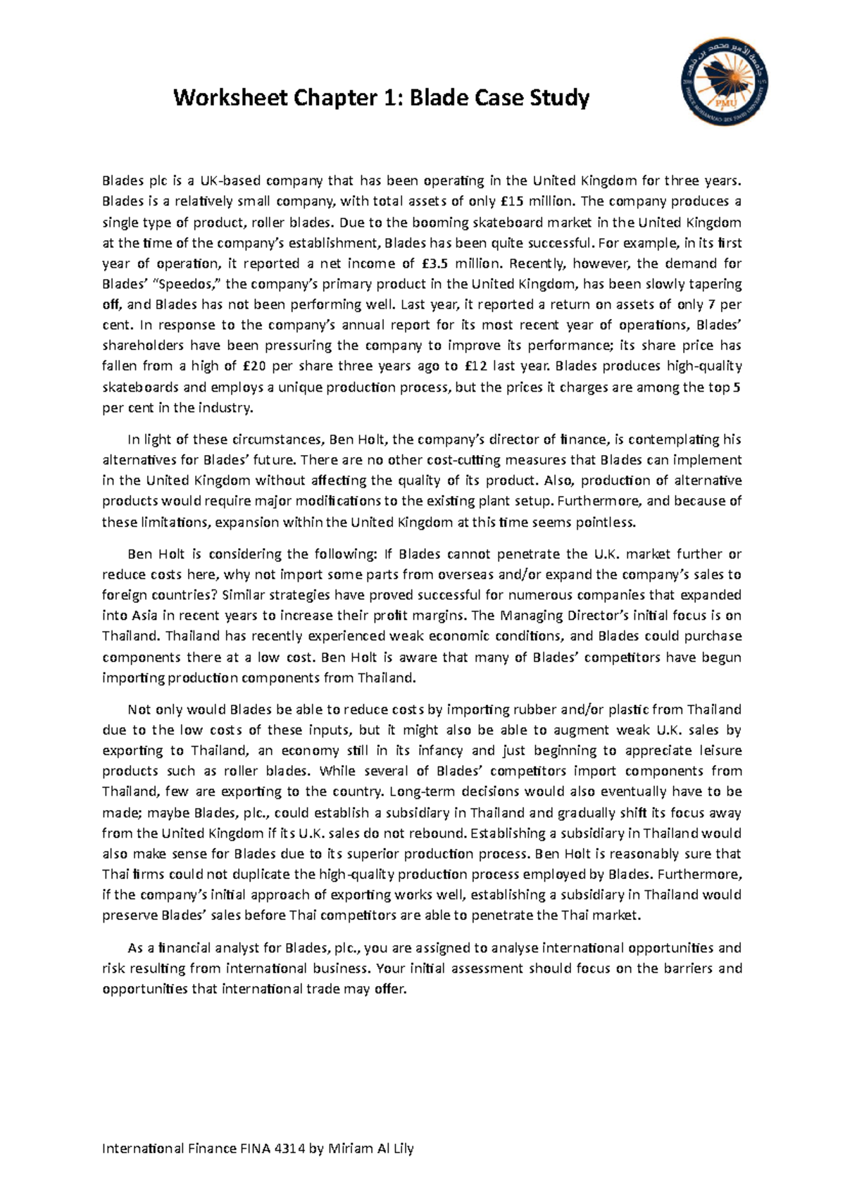 Worksheet Chapter 1: Blades Plc. Case Study and Future Strategies - Studocu