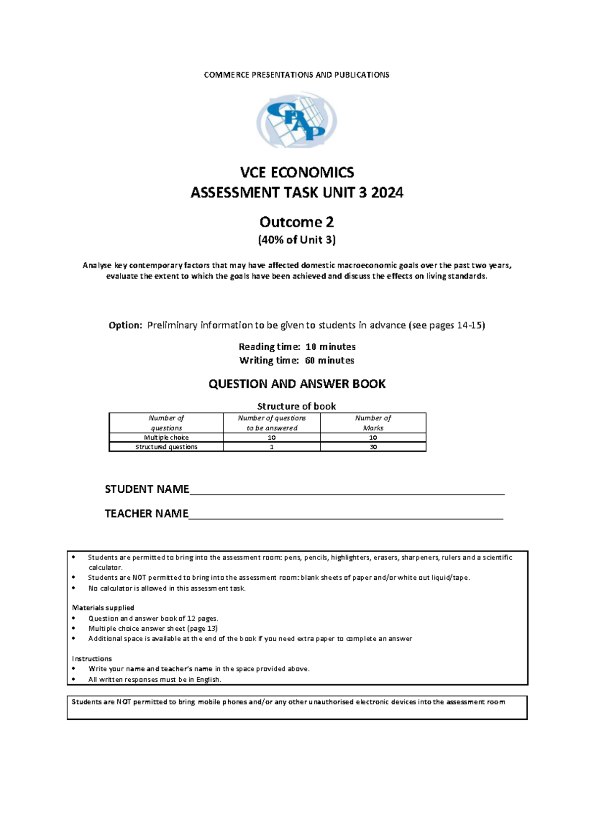 CPAP 2024 Unit 3 Economics Assessment Task: Outcome 2 Practice ...