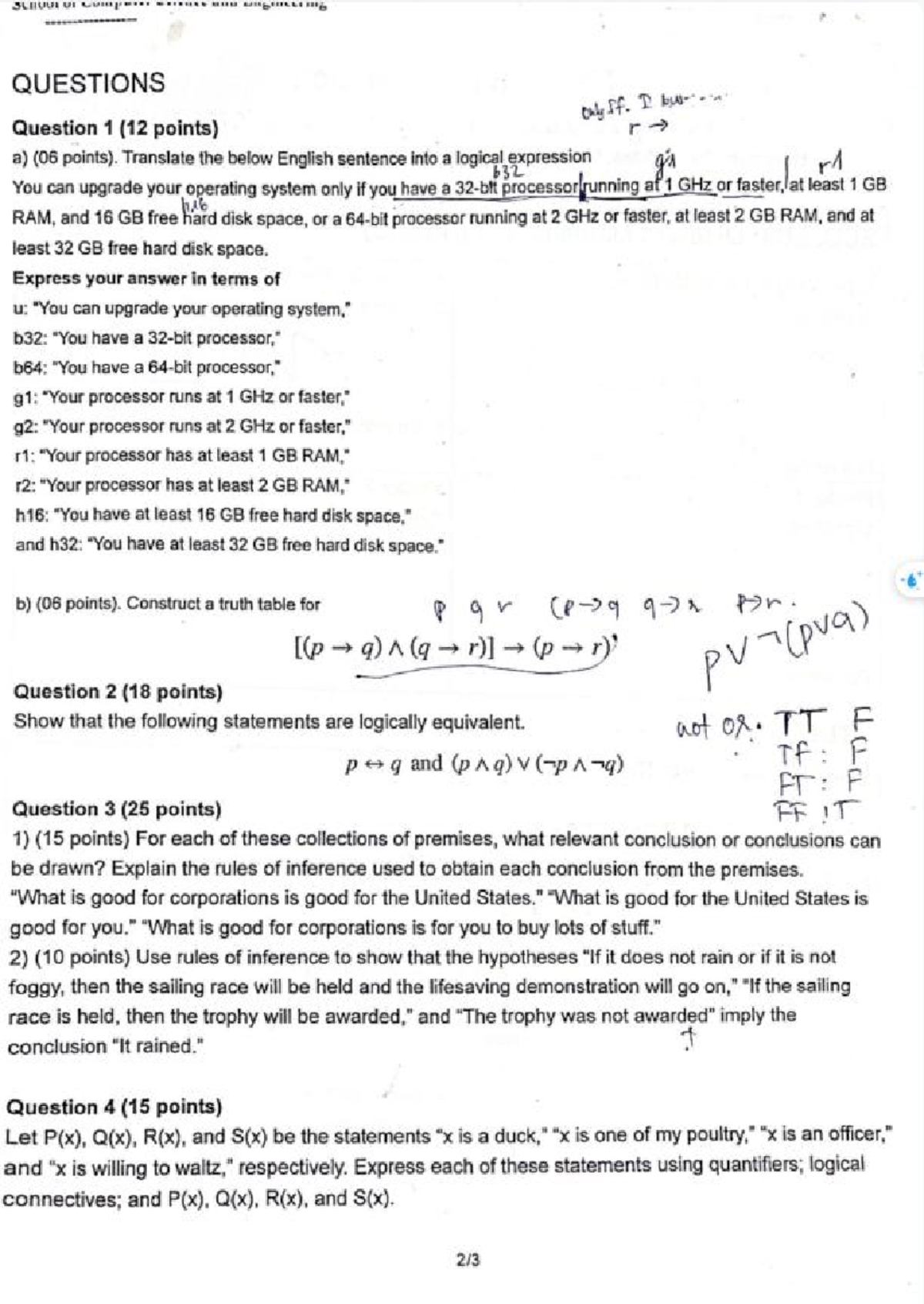 IT153IU 2023 HK1 Midterm: Logic and Inference Questions - Studocu