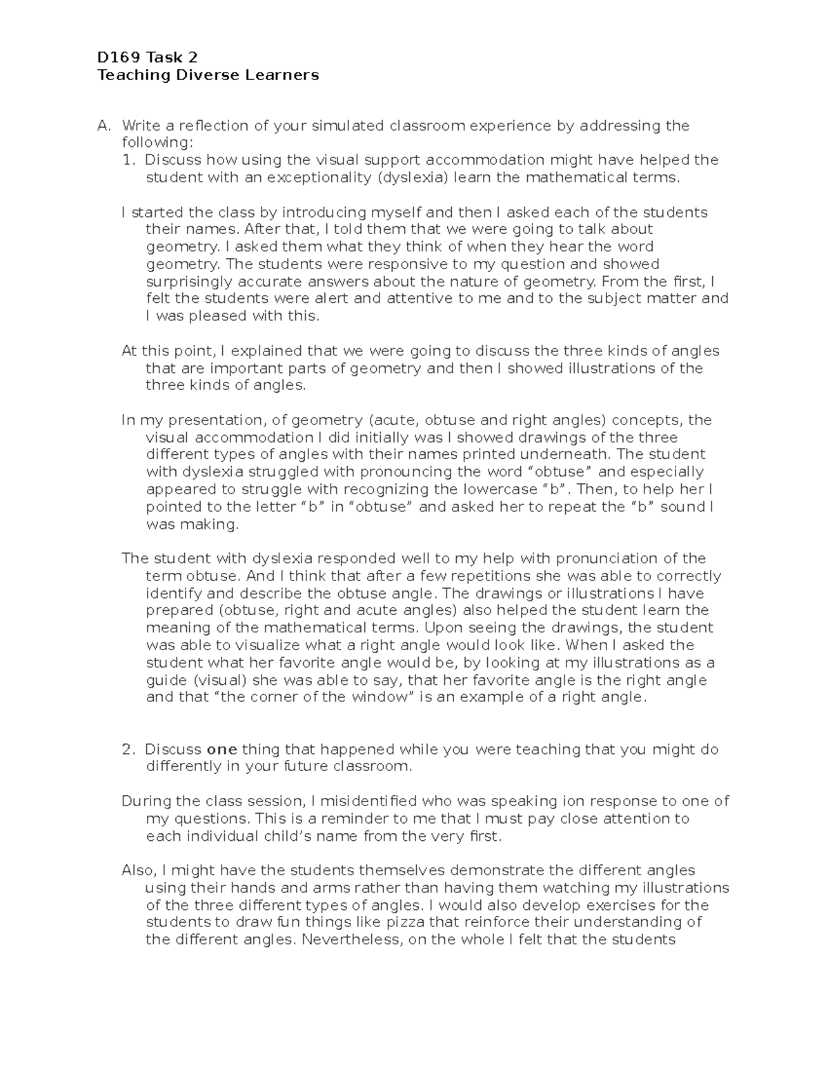 D169 Task 2 - Reflection on Teaching Geometry to Diverse Learners - Studocu