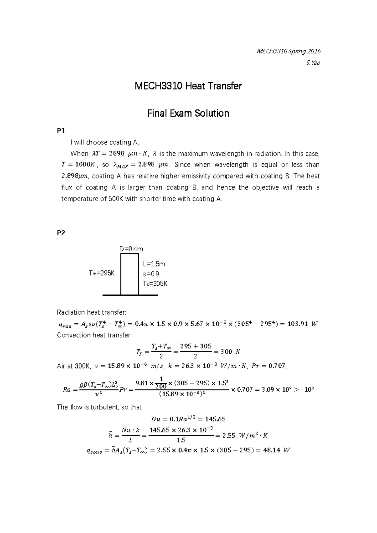 MECH3310 Final Exam Heat Transfer Practice Solutions - Studocu