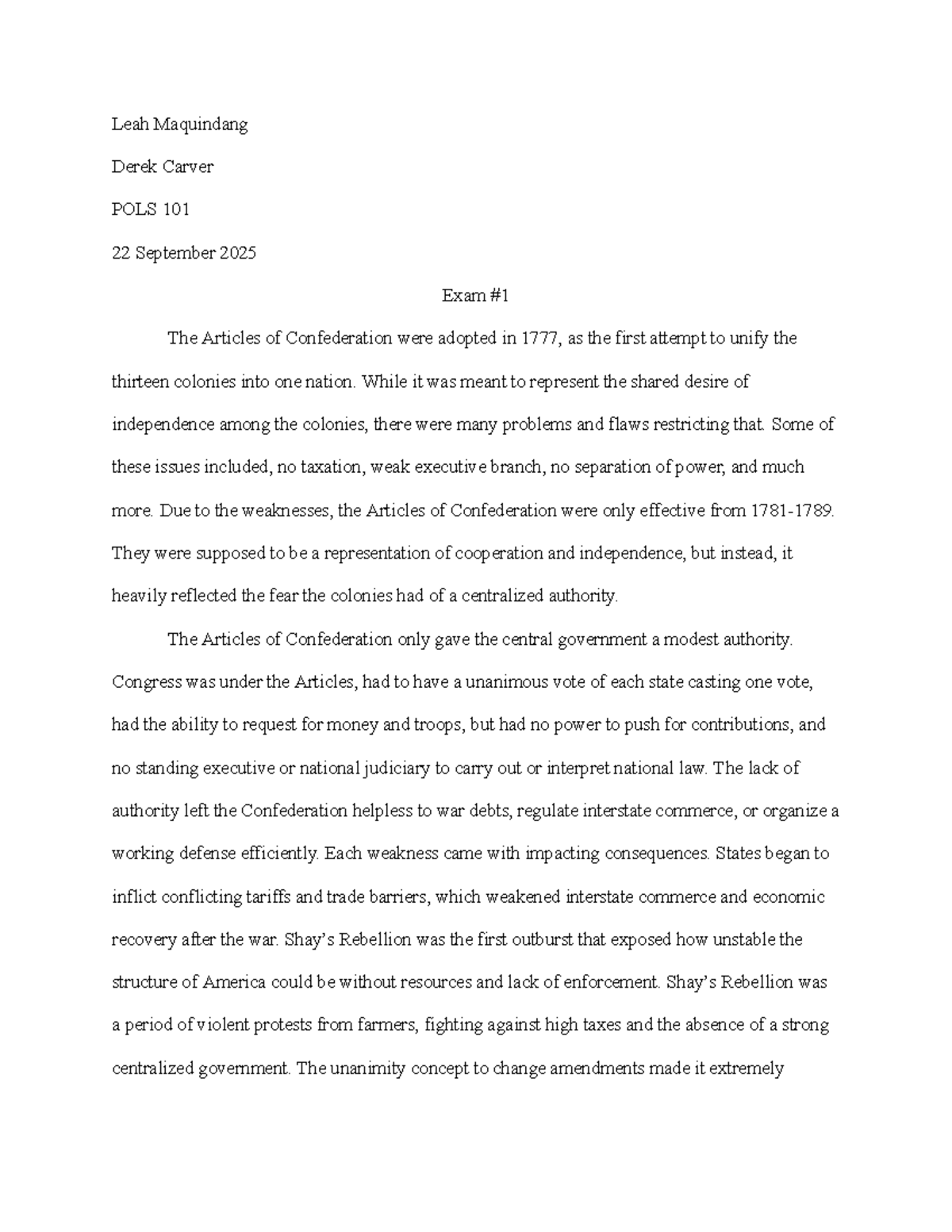 POLS 101 Exam 1 - The Articles of Confederation and the Constitution ...