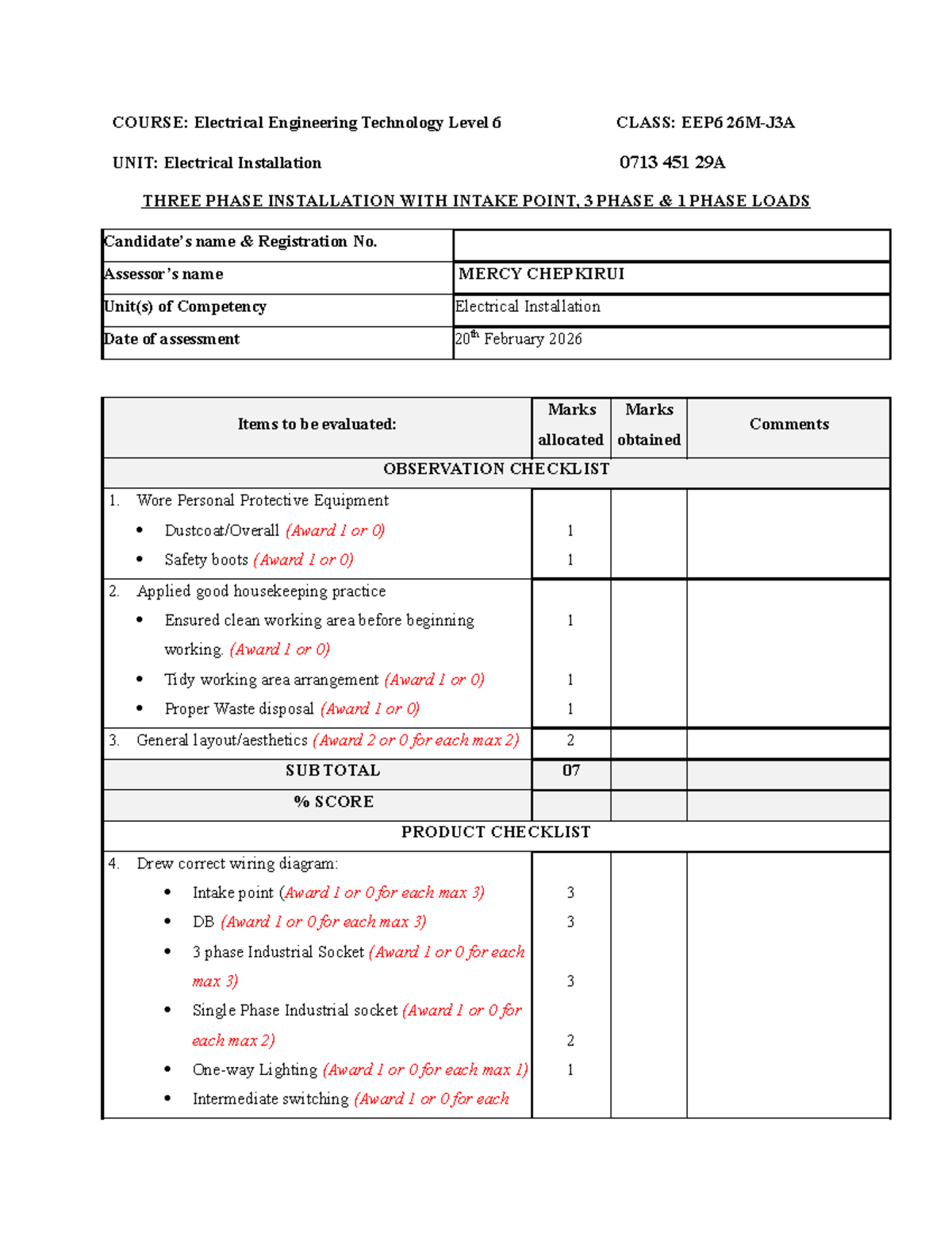 EEP6 Electrical Installation Assessment Checklist - 20th Feb 2026 - Studocu