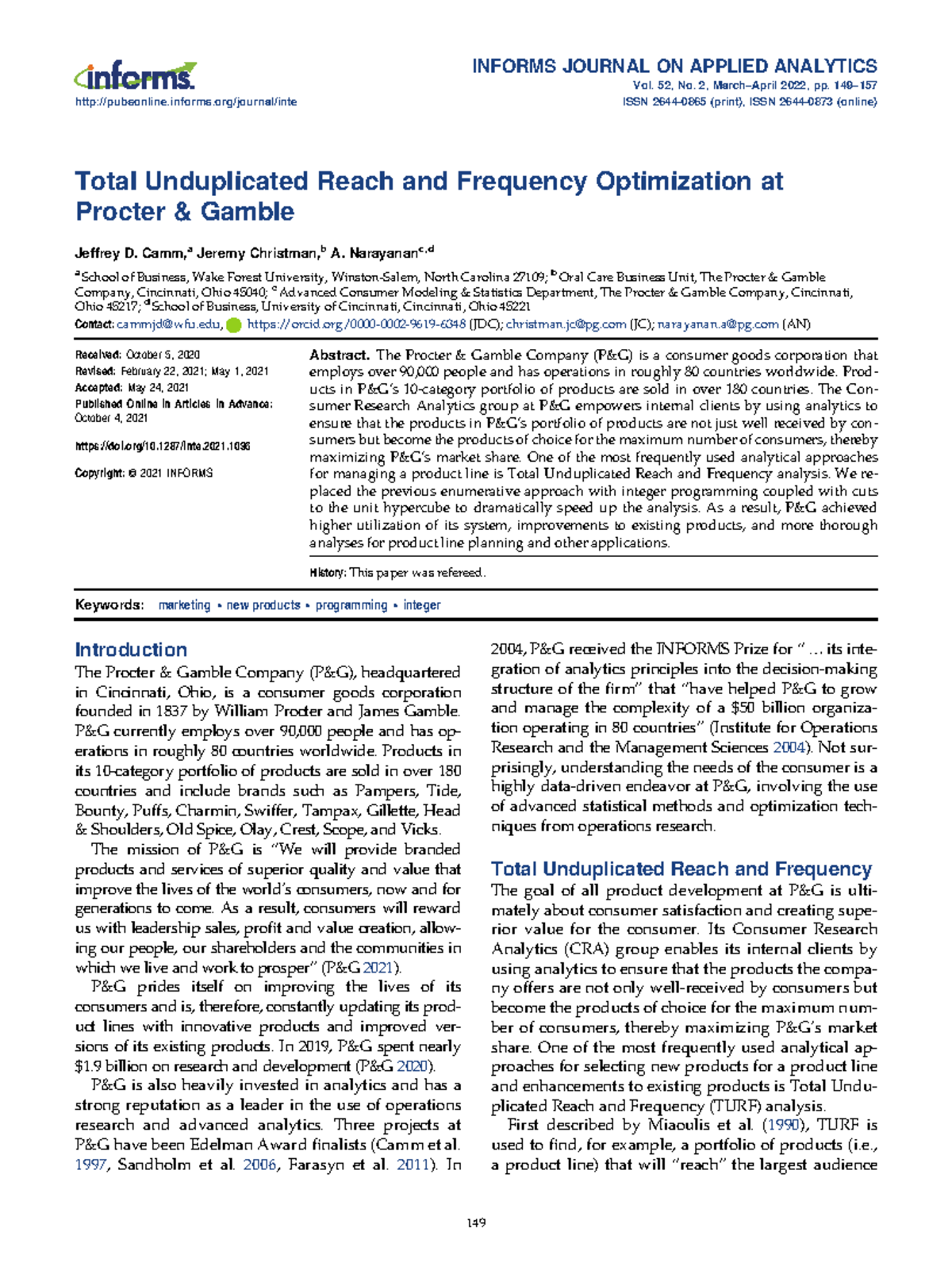 Camm et al. 2021: TURF Optimization at Procter & Gamble - Studocu