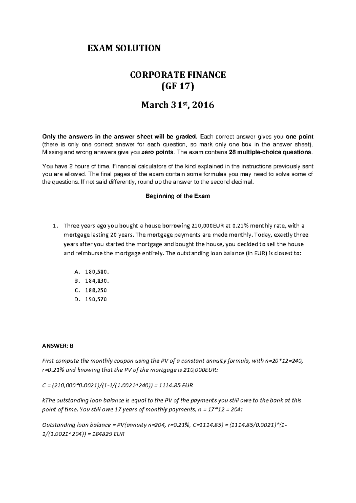 Examen Corporate Finance (GF 17) Solutions - March 31, 2016 - Document Preview