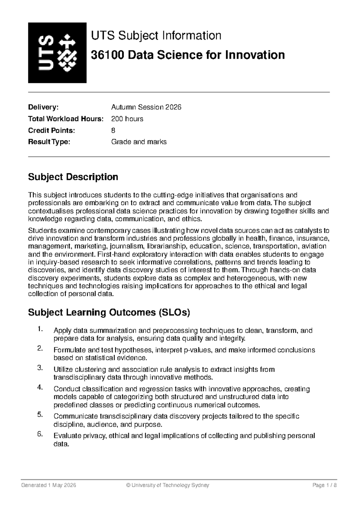 UTS 36100 Data Science for Innovation: Autumn 2026 Subject Overview ...