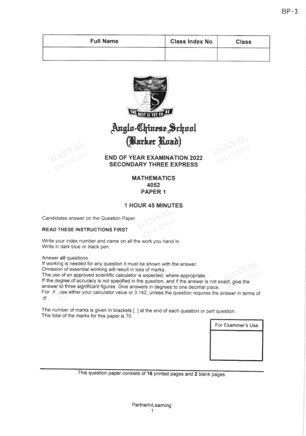Anglo Chinese School E Math Sec 3 Group 3 EOY 2022 - BP- Class lndex No ...