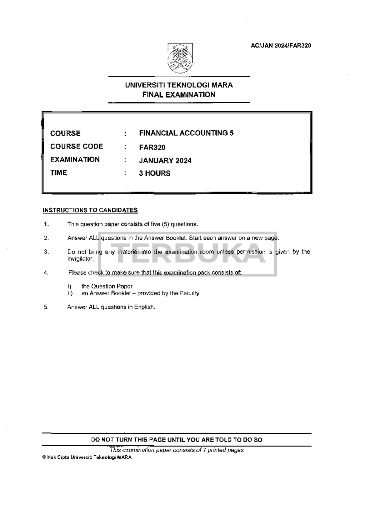 FAR320 - Question JAN2024 - UNIVERSITI TEKNOLOGI MARA FINAL EXAMINATION ...