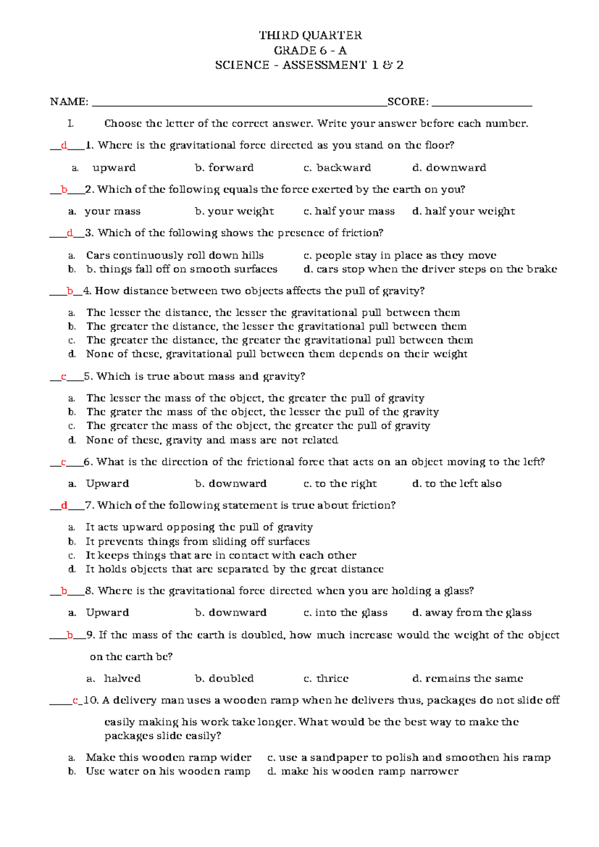 Grade 6 Science Assessment 1 & 2 Answer Key - Third Quarter - Studocu