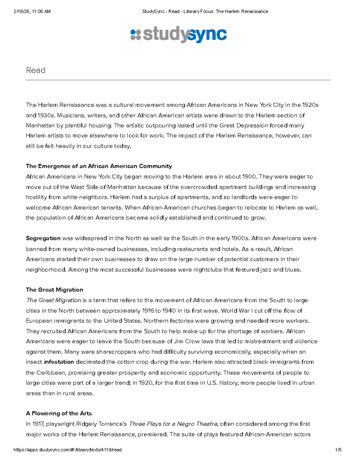 StudySync - Literary Focus: The Harlem Renaissance Overview - Studocu