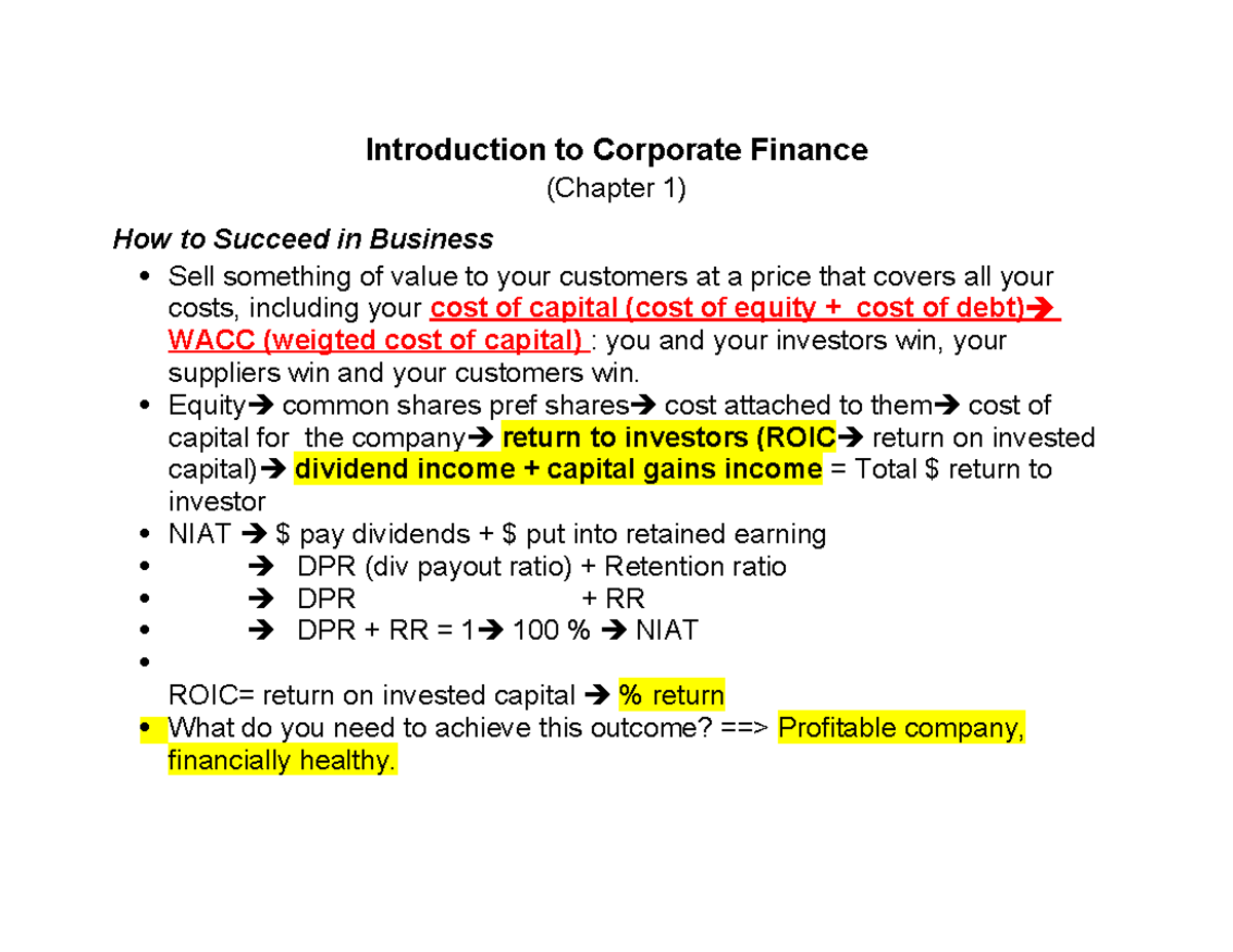 Corporate Finance 101 (Chapter 1) - Key Concepts and Insights - Studocu