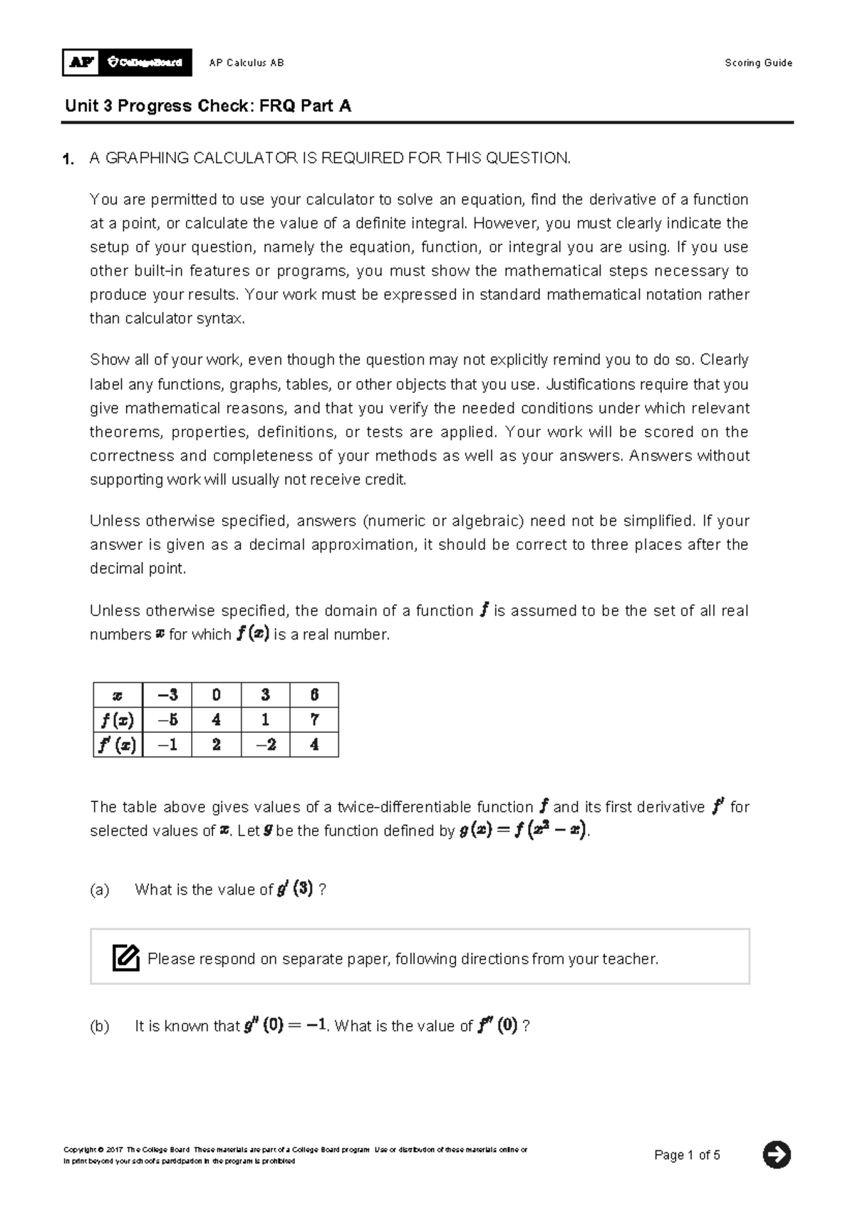 AP Calculus AB Unit 3 Progress Check: FRQ Part A Guide - Studocu