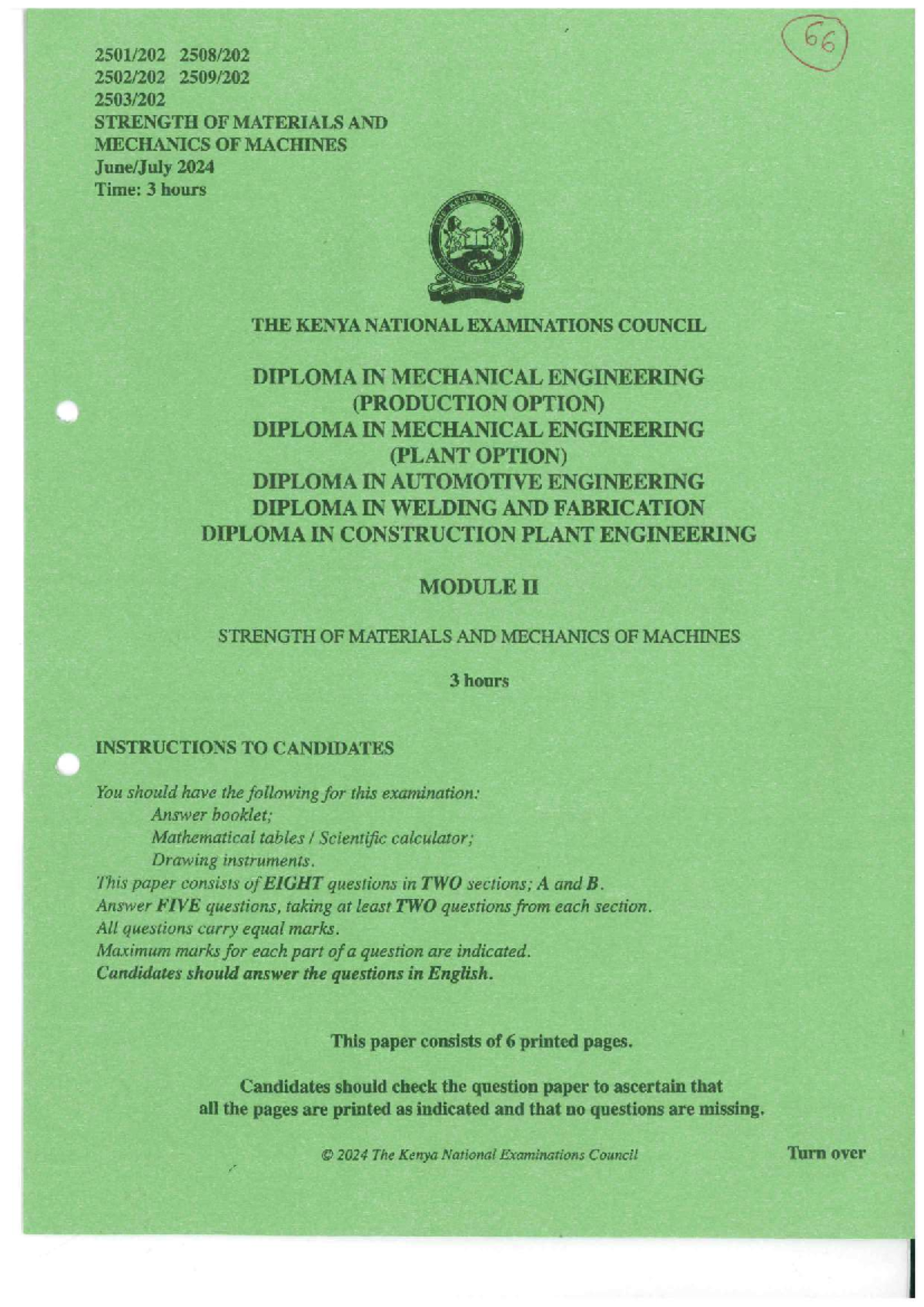 08 Strength of Materials & Mechanics of Machines Exam July 2024 - Studocu