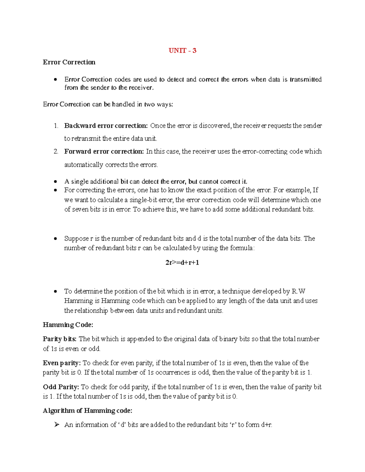 Error Correction Codes - CN Unit 3 Notes on Hamming Code - Studocu