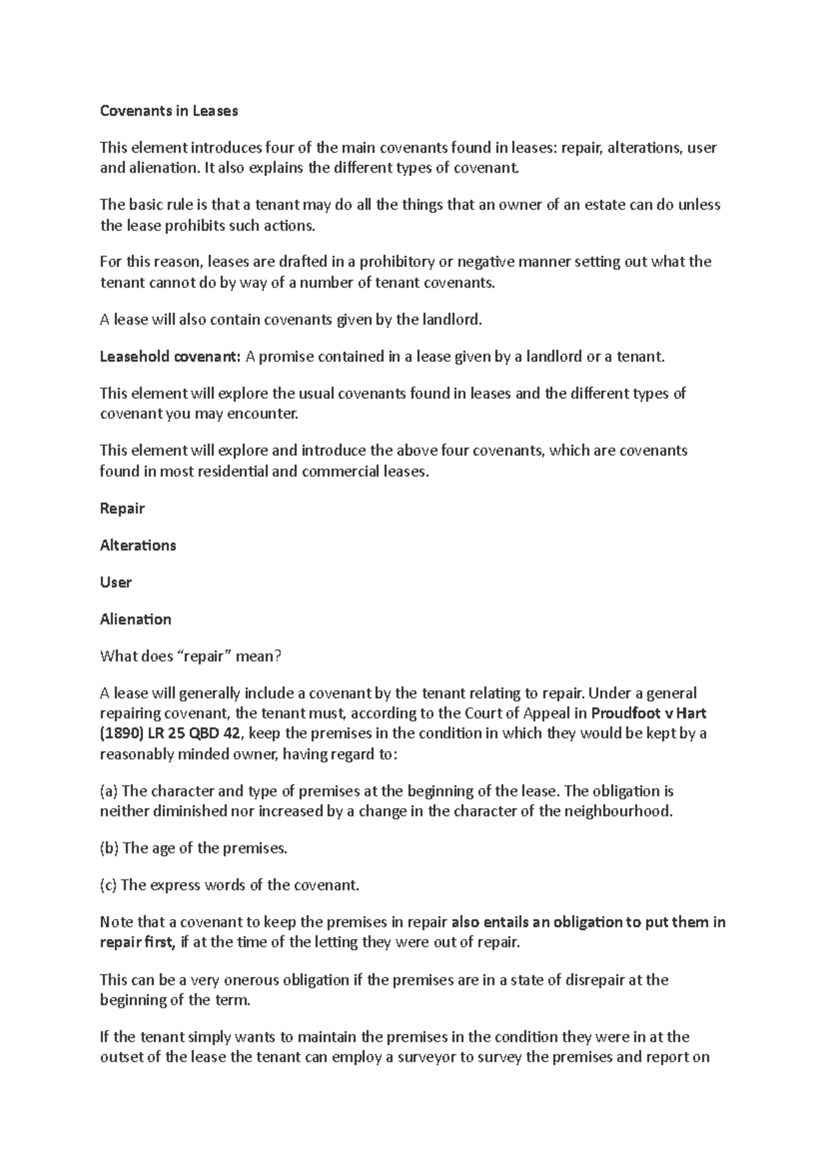 Covenants in Leases - Land Law Lecture Notes for Week 9 Exam - Studocu