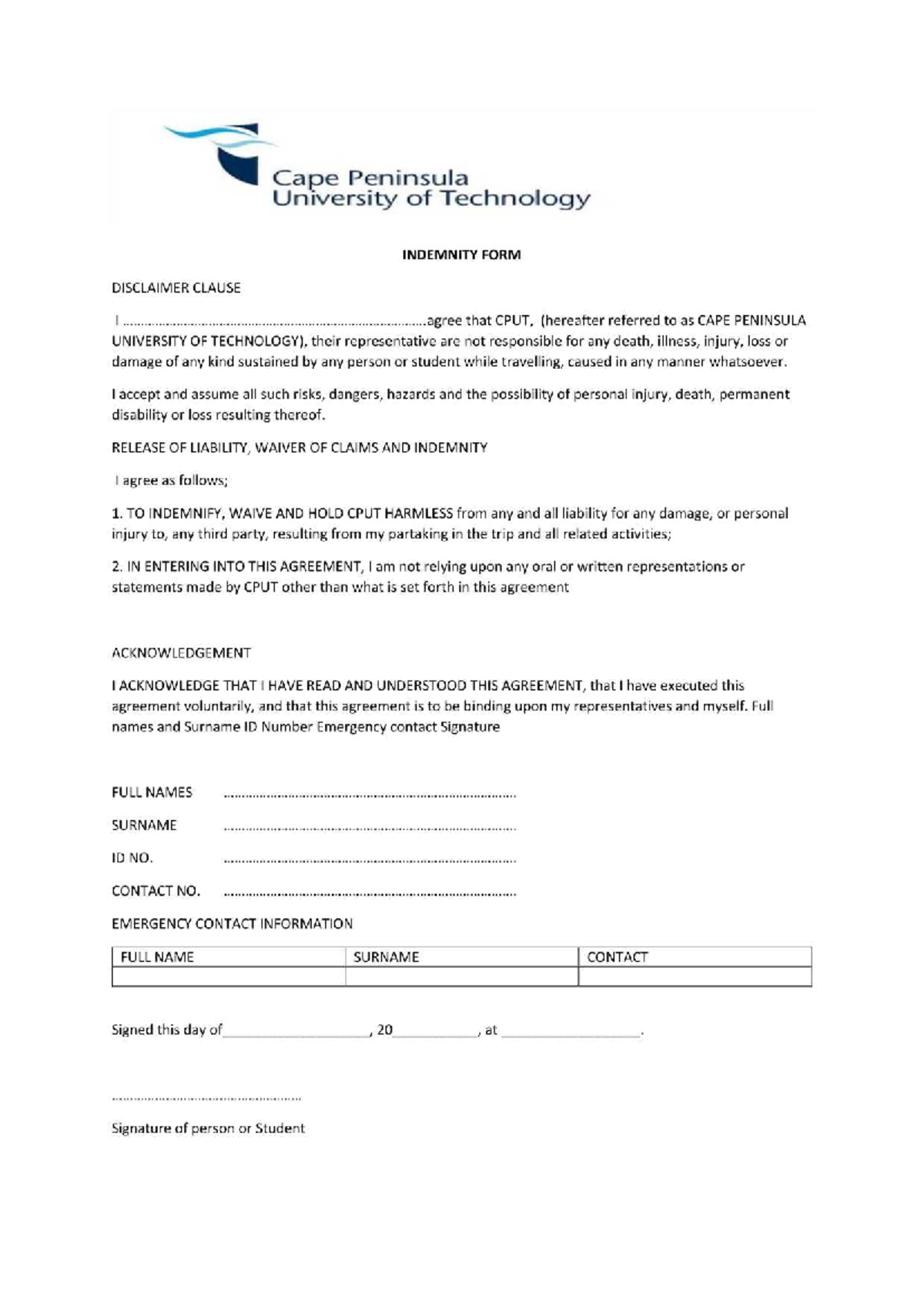 CPUT Indemnity Form: Liability Waiver and Disclaimer - Studocu