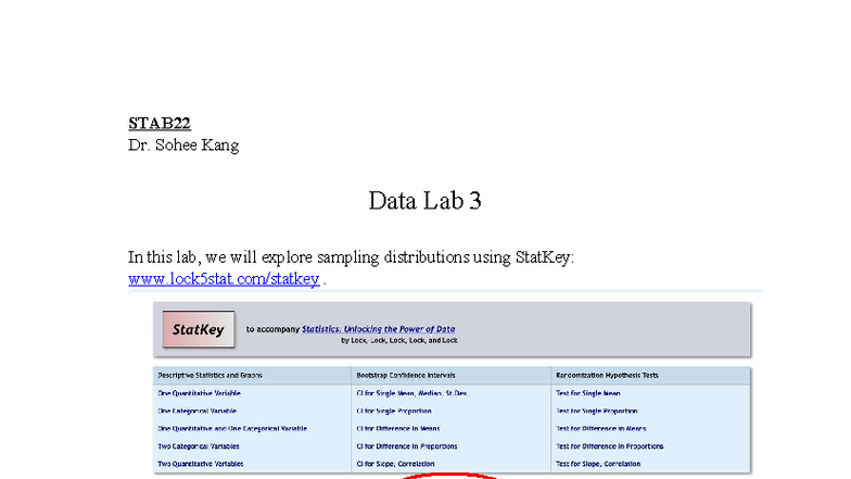 STAB22 Data Lab 3: Exploring Sampling Distributions with StatKey - Studocu